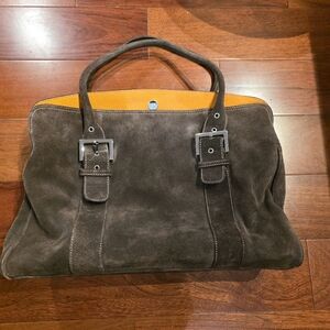 Levenger Dark Taupe Suede and Orange Leather Trim Bag